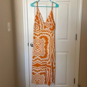 Orange and white printed midi dress